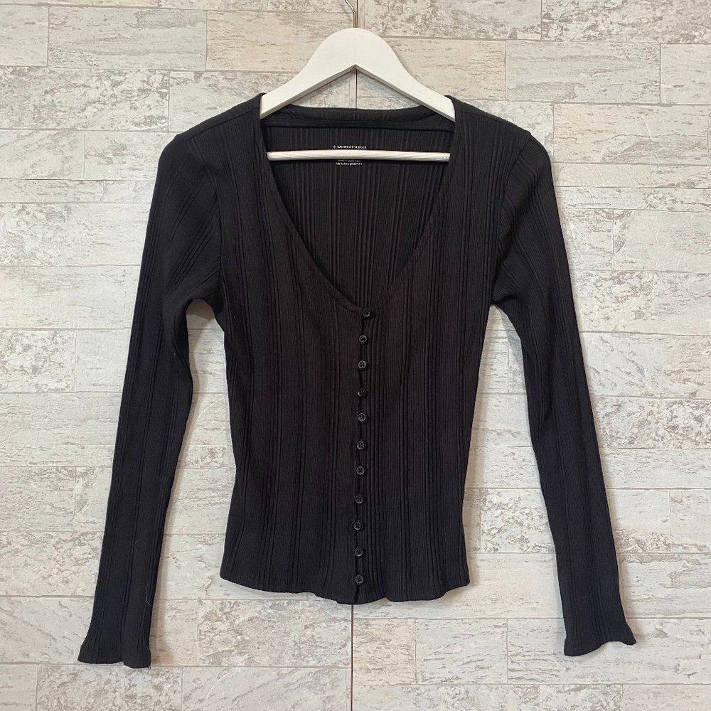 Anthropologie Black Fitted Deep Neck Button Down Long Sleeve Size Medium